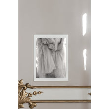 Load image into Gallery viewer, black and white fine art print, close up of hands holding tulle skirt, softness, fine art print on wall in French interior