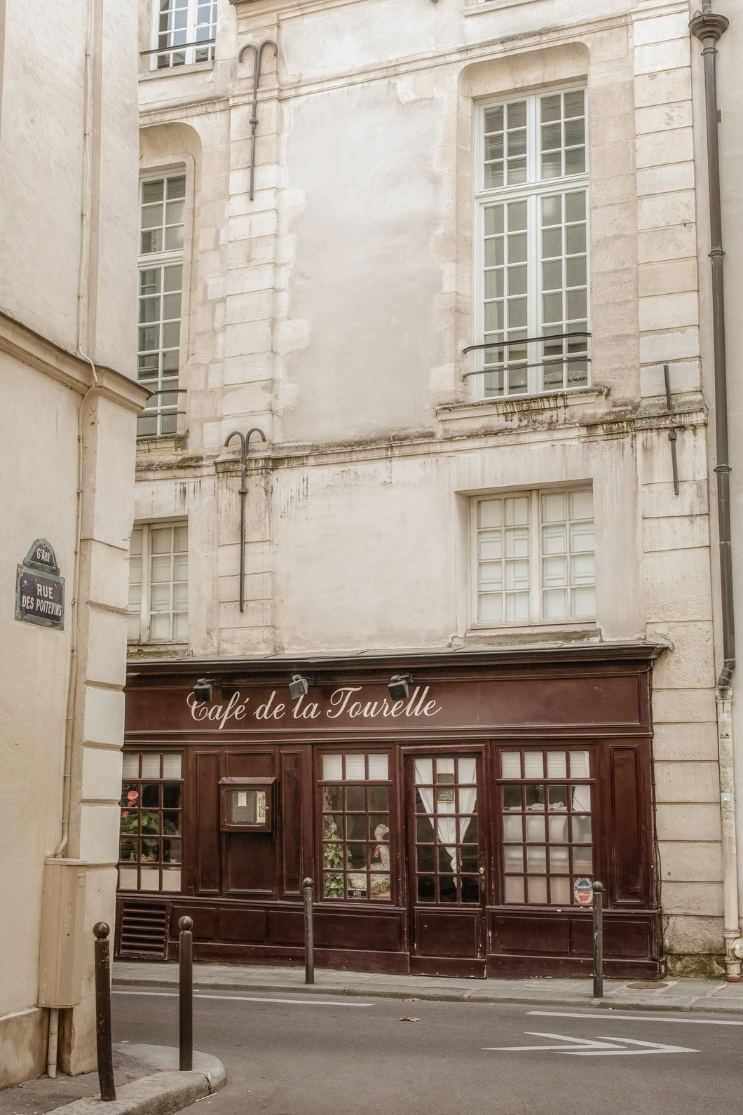 Café de la Tourelle facade along a quiet back street in the Latin Quarter of Paris, timeless, old-fashioned Parisian cafe, Quartier Latin. Museum-quality fine art print by Rebecca Skye Watson for Poesie Privee.