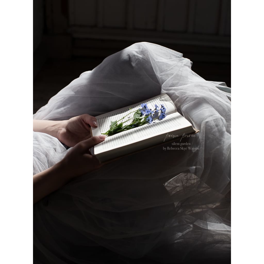close up of bottom half of person lying on an old wooden veranda floor, hands holding an old book with freshly picked blue forget-me-not flowers, tulle skirt with light sifting through the hem, softness, fine art print
